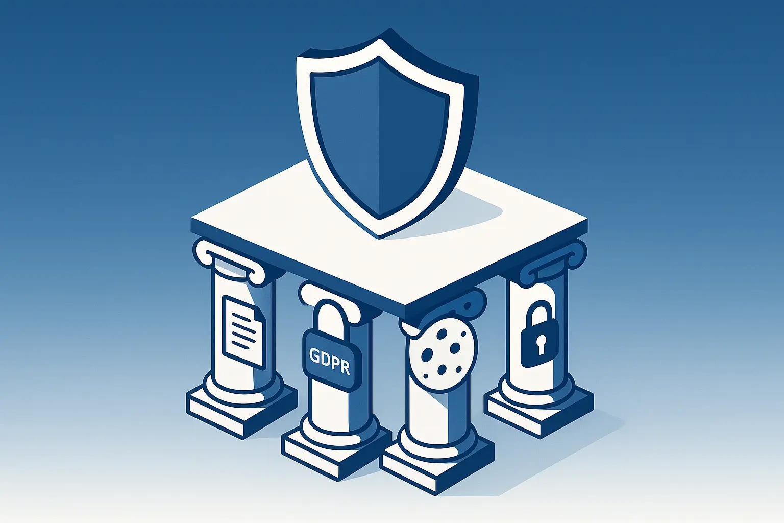 Illustration montrant les 4 piliers de la conformité légale d'un site web : mentions légales, politique de confidentialité, cookies et RGPD