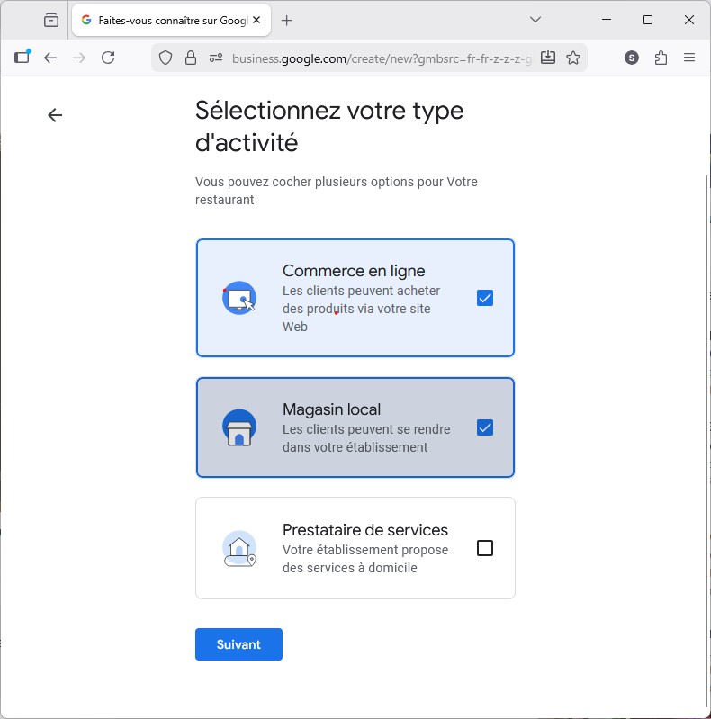 Google Business : sélection du type d'activité — Commerce en ligne, Magasin local, Prestataire de services