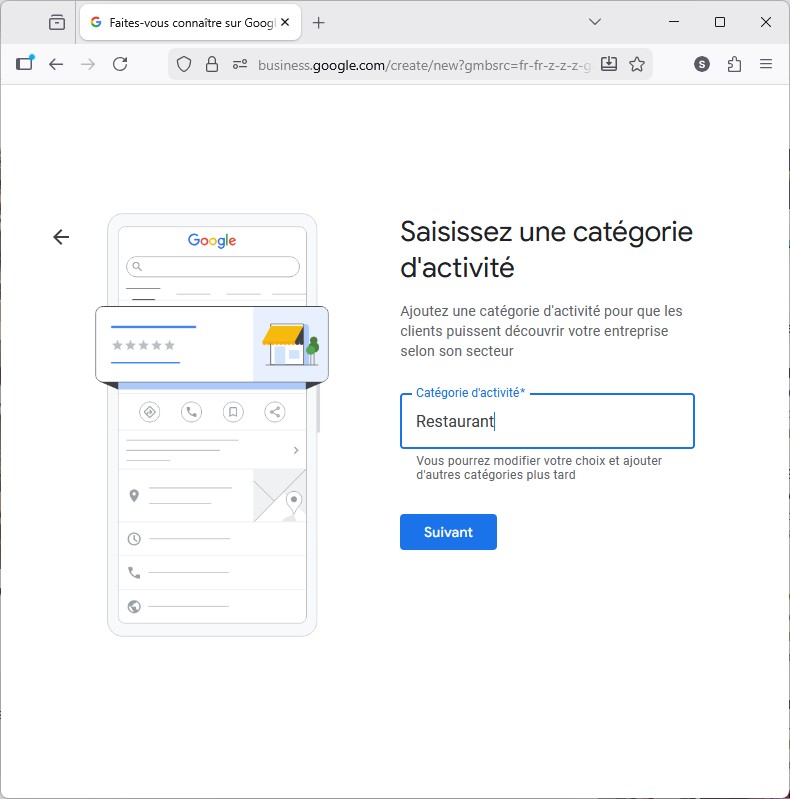 Google Business : saisie de la catégorie d'activité principale
