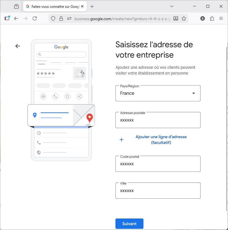 Google Business : saisie de l'adresse de l'entreprise — pays, adresse postale, code postal, ville